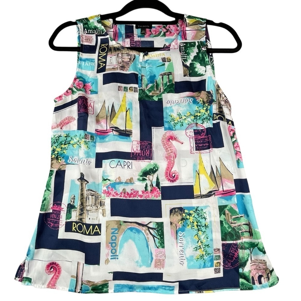 Talbots Postcard-Print Sleeveless Whimsical Fun Colorful Tank Top Shell - Sz XS
